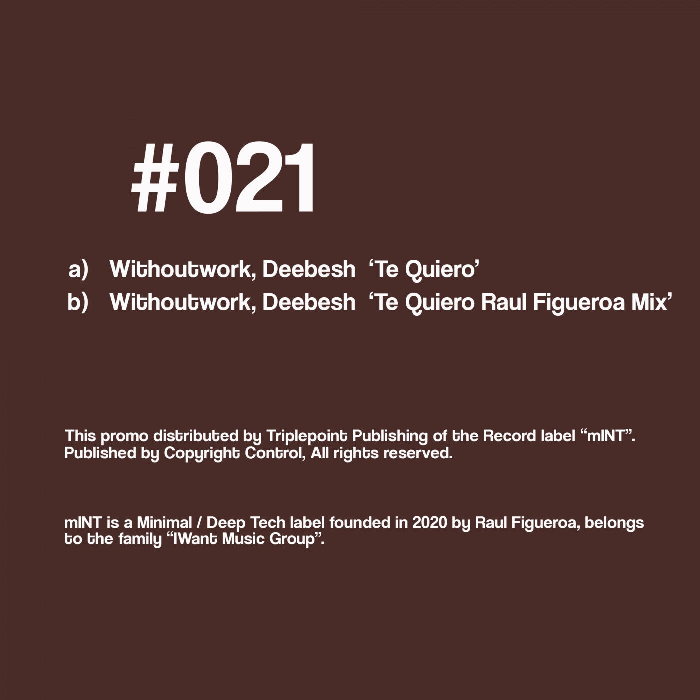 Deebesh, Withoutwork – Te Quiero EP [MNT021]